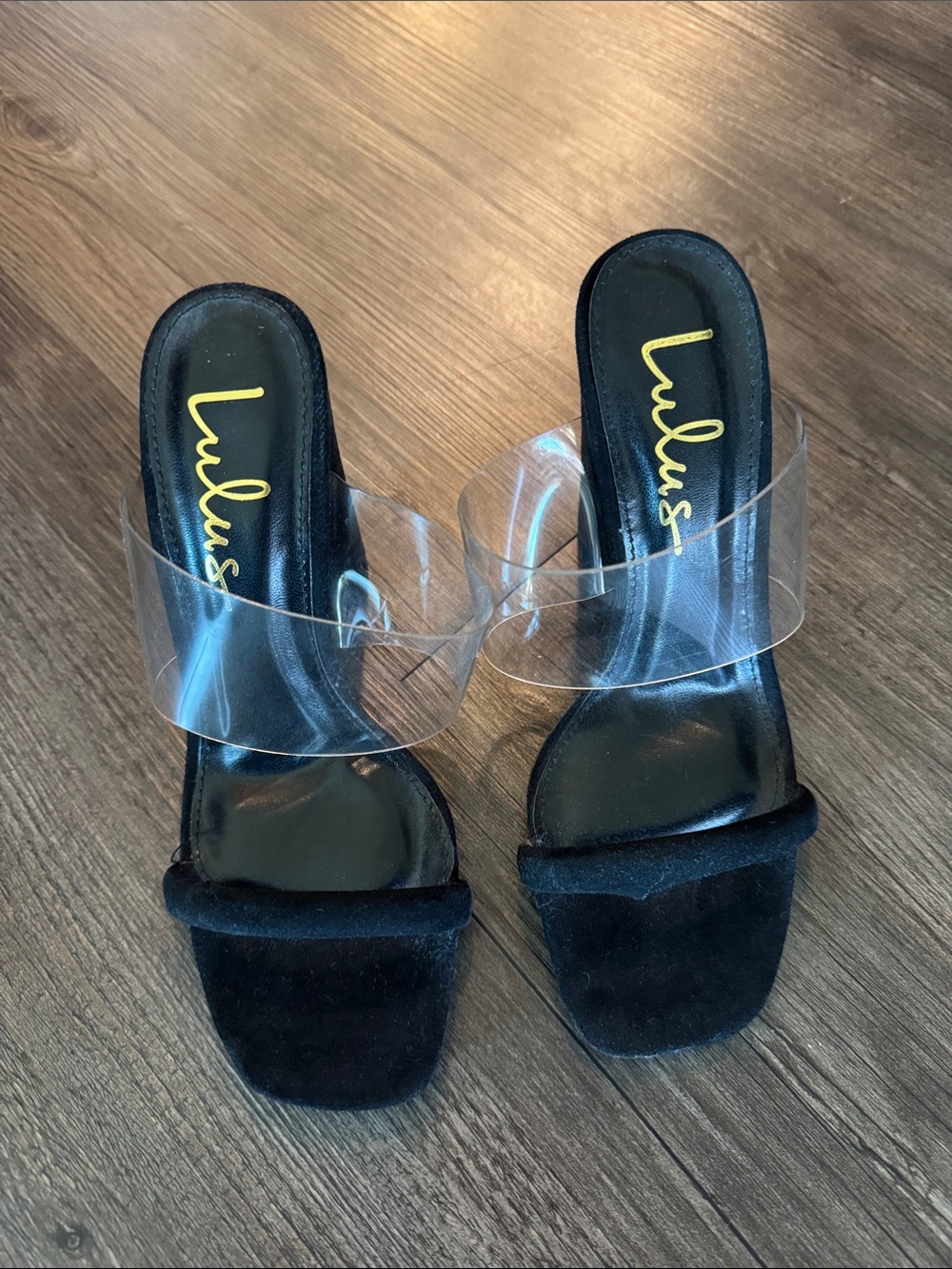 Lulu's Black Slide Heels with Clear Straps